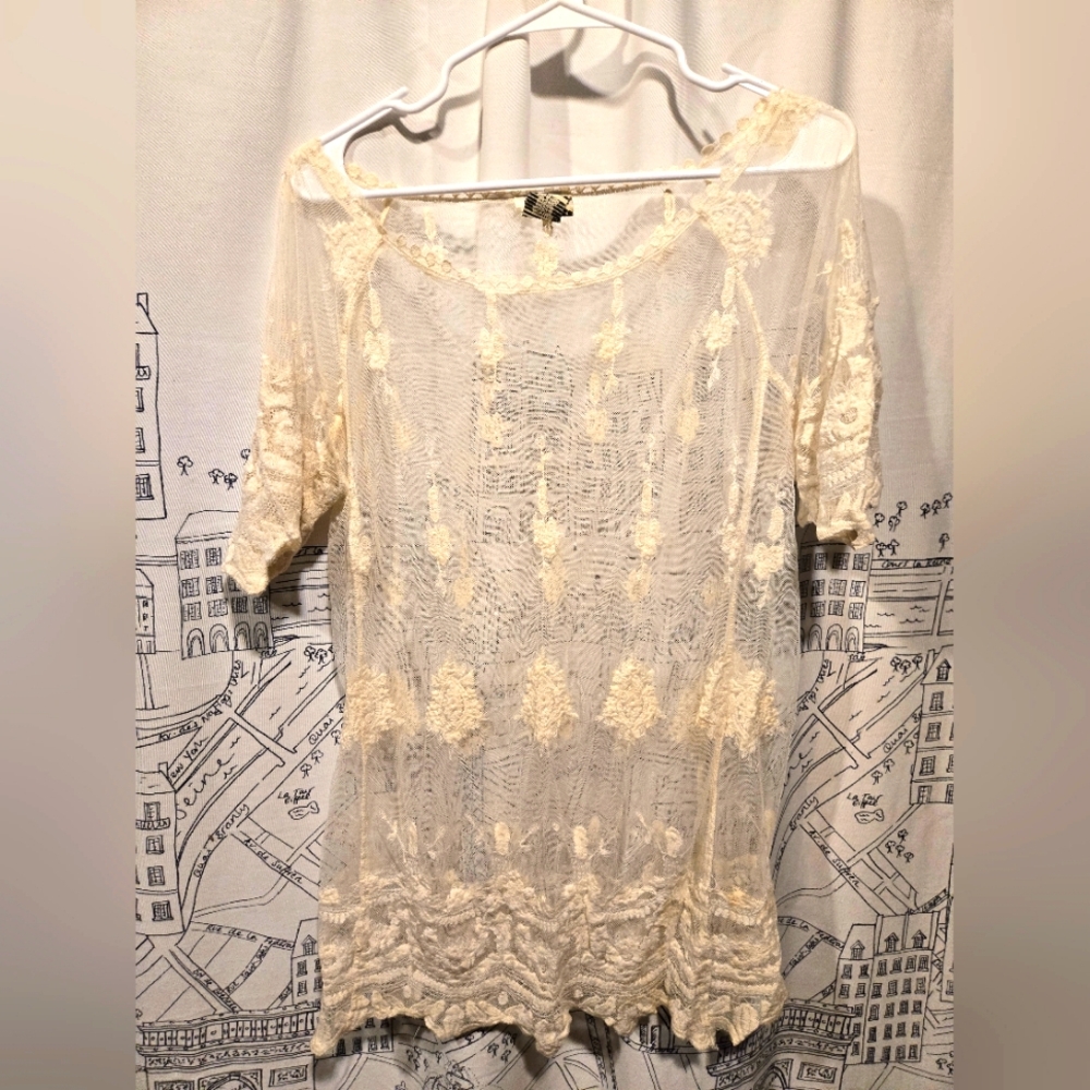 EUC Vintage Women's Soho Girl's Off White Sheer Lace Top For Layering Size Large - Picture 1 of 5